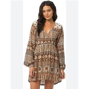 Billabong Brown Cream Printed Boho V-Neck Mini Dress